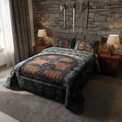Castle Walls Bed Comforter Set Queen Size,Knight Wall Super Soft Microfiber Bedding Set for Girls Boys,Fairytale Medieval Themed Decorative Quilter Set 3 Pcs