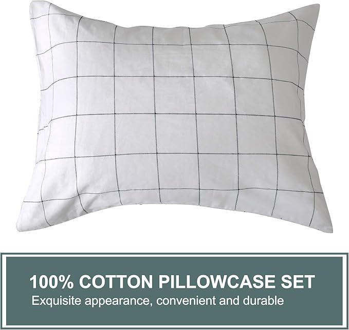 JELLYMONI 100% Natural Cotton 3pcs Plaid Duvet Cover Sets,White with Black Grid Geometric Pattern Printed Comforter Cover,with Zipper Closure & Corner Ties(Queen Size)
