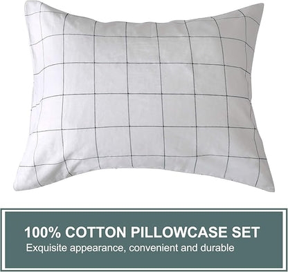 JELLYMONI 100% Natural Cotton 3pcs Plaid Duvet Cover Sets,White with Black Grid Geometric Pattern Printed Comforter Cover,with Zipper Closure & Corner Ties(Queen Size)