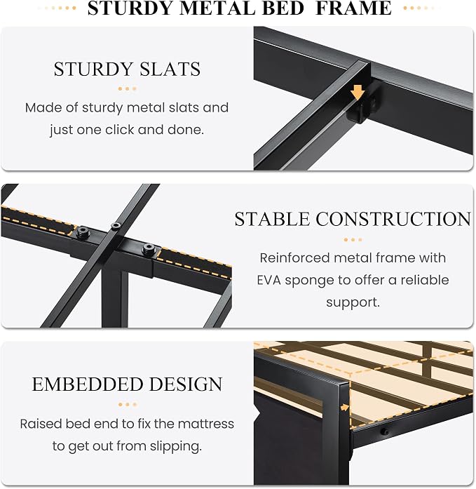 SHA CERLIN Heavy Duty Queen Size Bed Frame with Modern Headboard, Black | Platform Metal Base with Square Footboard and 13 Strong Slats Support, No Box Spring Needed
