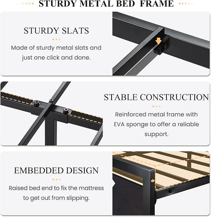 SHA CERLIN Heavy Duty Queen Size Bed Frame with Modern Headboard, Black | Platform Metal Base with Square Footboard and 13 Strong Slats Support, No Box Spring Needed