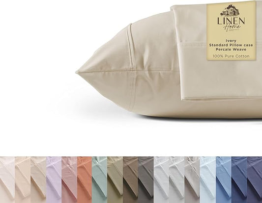 100% Cotton Percale Pillowcases Queen Size, Set of 2 - Crisp & Cooling, Breathable, Long-Staple Combed Cotton, Z-Hem Stitch - Ivory | Linen Home