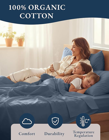 LANE LINEN 100% Organic Cotton Eco Friendly Fully Elasticized Twin XL Sheet Set, Low Pilling Fade Resistant Machine Washable Extra Long Twin Bedding Set, Soft & Comfy Cotton Sheets-Estate Blue