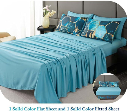 ANGIYUIN Turquoise Gold Hexagon Queen Comforter Set, 7Pcs Honeycomb Bed in A Bag Marble Printed Bed Sets Gold Trim Bedding Comforter Sets, Foil Print Bedding Sets with Sheets Pillowcases (Teal Queen)