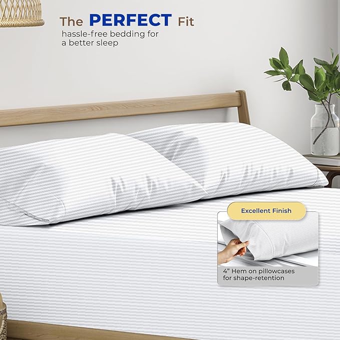 Thread Spread 100% Egyptian Cotton King Size Pillow Cases Set of 2 - Luxury 600 Series Bliss Collection Pillow Cases King Size (White Stripe), Soft Cooling Hotel Cotton Pillowcases