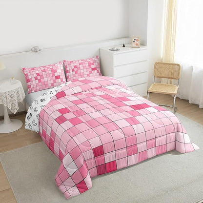 Pixelated Blocks Miners Comforter Set King Size,Video Games Game Gamepad Kids Bedding Set,Geometric Grid Patchwork Quilt Comforter,Pink Duvet Insert,2 Pillowcases