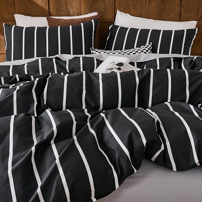 Merryword Black and White Striped Duvet Cover Set King Size - 100% Cotton Bedding Set 3 Pieces, Soft Breathable Comforter Cover with Pillowcases, Minimalist Chic Aesthetic Bedding Set for All Seasons