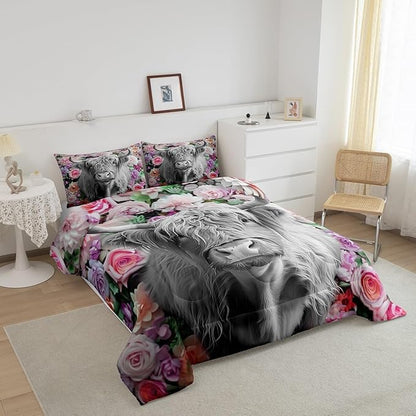 Erosebridal Highland Cow Comforter Set Queen Size Rose Flower Bedding Set for Kids Girls Boys Teens Adult Western Wild Animal Bull Cattle Down Comforter Funny Farmhouse Comforter Pink Grey
