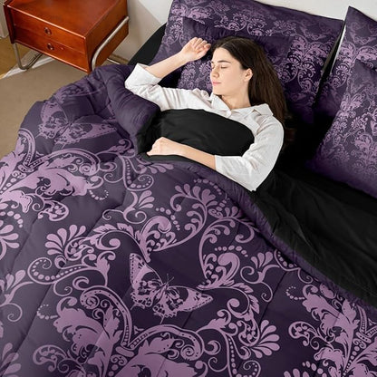 Erosebridal Gothic Damask 7 Piece Comforter Set Full Bed in a Bag,Butterfly Skull Bedding Sets Purple Victorian Floral Goth Sheet Set with Comforter