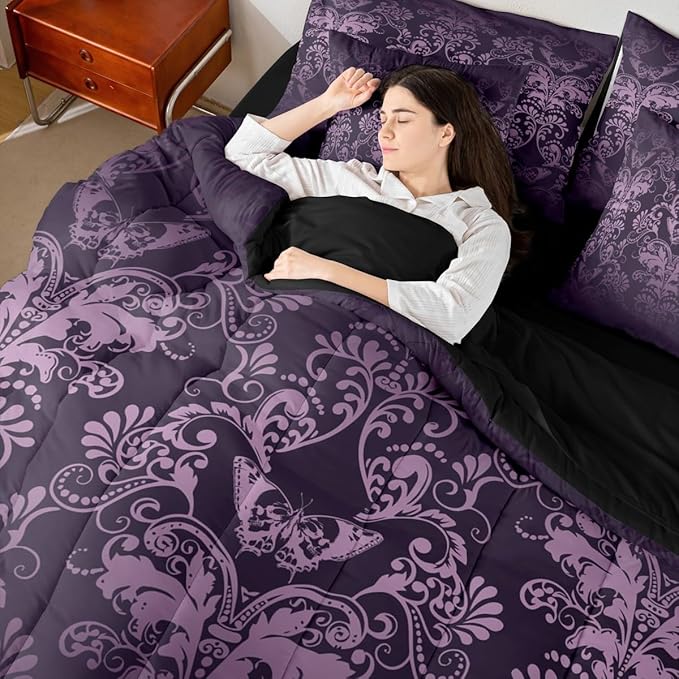 Erosebridal Gothic Damask Bed in a Bag King Size Comforter Set 7 Pieces,Butterfly Skull Bedding Sets Purple Victorian Floral Goth Sheet Set with Comforter