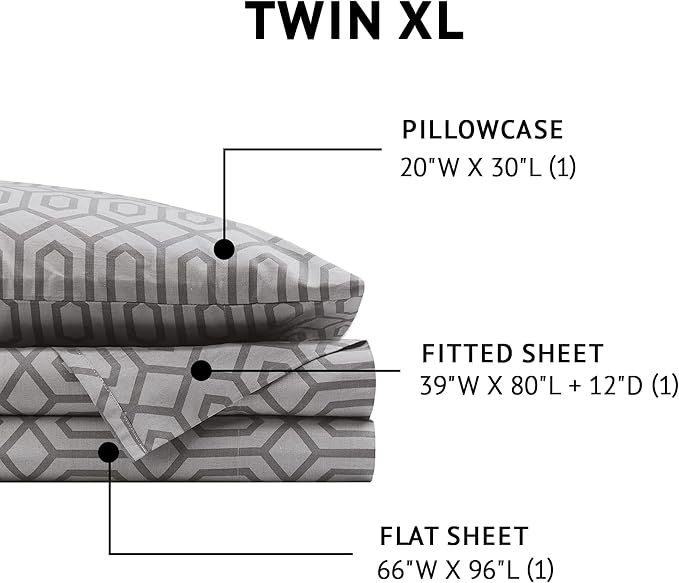 Comfort Spaces 100% Cotton Sheet Set Breathable, Lightweight, Soft with 12" Elastic Pocket Fits up to 14" Mattress, All Season Cozy Bedding, Matching Pillow Case, Twin XL Diamond Sliver 3 Piece