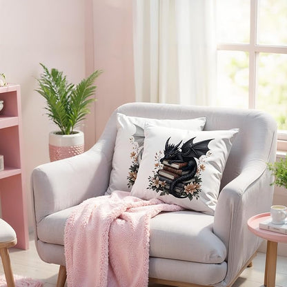 Vintage Magical Black White Dragon Reading Book Decorative Throw Pillow Covers 18x18 Set of 2, Fantasy Room Decor for Kids, Gamers, and Bookworms,Reading Nook Decor, Gifts for Bookworm Readers