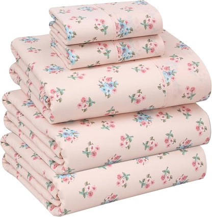 RUVANTI 100% Cotton Sheets – Split King Size Percale Bedding, Cooling & Breathable Floral Design, Durable with a Crisp, Soft & Comfortable Feel, 16" Deep Pocket, 5-Piece Set, Spring On