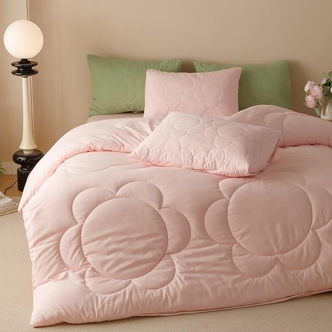 Cottonight Pink Sunflower Comforter Set Full Blush Pink Floral Bedding Set Women Girls Boho Farmhouse Chic Blanket Quilts Soft Breathable Baby Pink Full Size 3 Piece Bedding Set for Full Bed