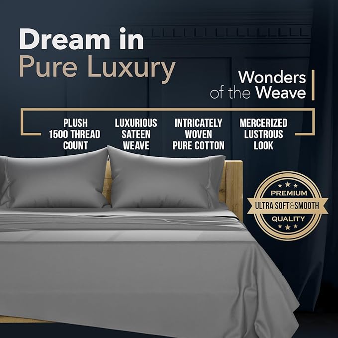 TEXAS LINEN CO. 100% Egyptian Cotton Pillow Cases King Size Set of 2 - Luxury 1500 Thread Count Sateen Weave Dark Grey Pillow Cases, Silky Soft 5 Star Hotel-Quality Pillowcases, Fits King Size Pillows