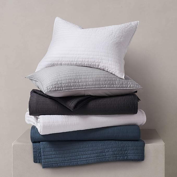 EVERGRACEHOME Cotton Sateen Quilt Set Queen Size, Pre-Washed Cotton Channel Stitch Coverlet Bedspread, 3 Pieces Lightweight Soft Bedding Sets for All Season, with 2 Pillow Shams, Fog Gray