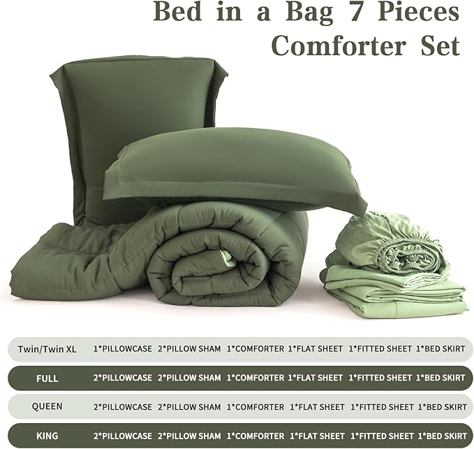 Queen Size Comforter Set - 8 Piece Green All-Season Luxury Bedding with Reversible Lightweight Comforter, Bed Skirt, Flat Sheets, Pillowcases & Pillow Shams