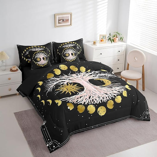 Erosebridal Sun and Moon Bed in a Bag King Size Comforter Set 7 Pieces,Tree of Life Bedding Sets Galaxy Starry Sky Bohemian Sheet Set with Comforter