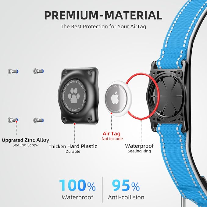 Upgrade Dog Collar with AirTag Holder, IP68 Waterproof, Ocean Blue, M | Built-in Water Resistant AirTag holder, 1000D Nylon, Reflective Stitching for Night Visibility, Soft padding for Comfort