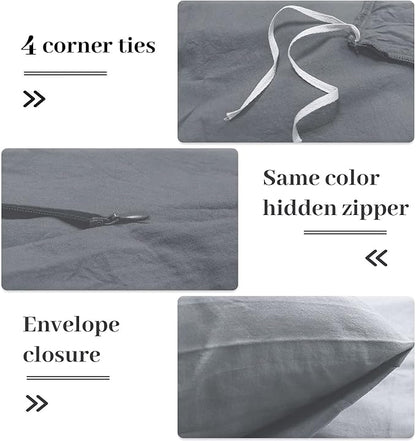 NEXHOME PRO Cotton Duvet Cover Queen Size Linen Look Textured Organic Natural 100% Washed Cotton Duvet Cover 3 Pieces Bedding Set with Zipper Closure, Breathable, Soft, Grey (No Comforter)