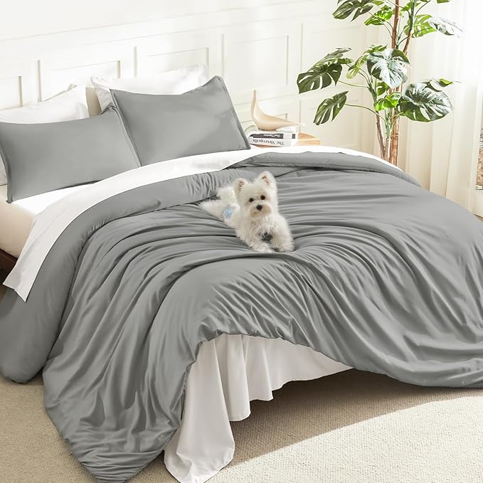 Litanika Comforters Medium Gray Super King Plus Size, 3 Pieces Lightweight Solid Bedding Set & Collections, All Season Fluffy Bed Set (128x120In Comforter & 2 Pillowcases)