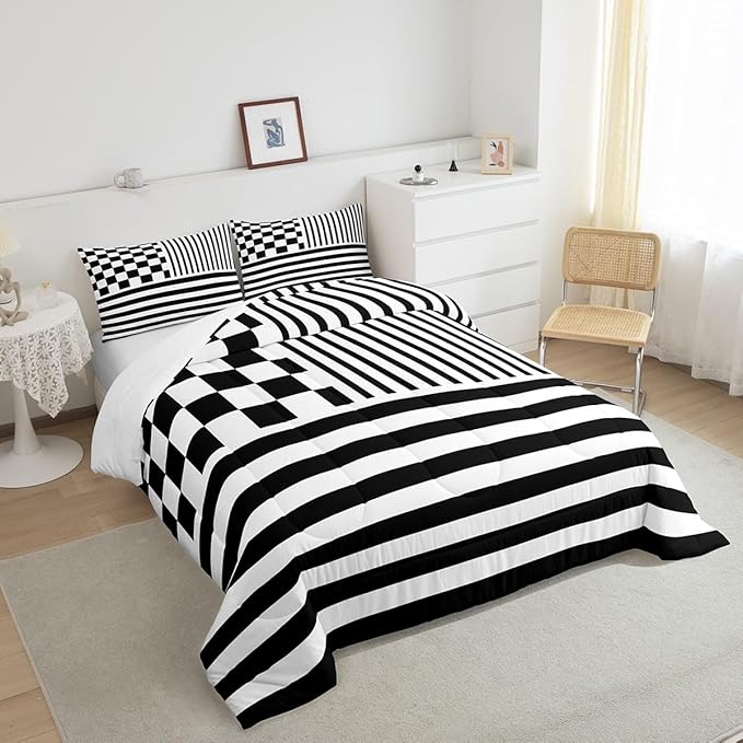 Black Check Bedding Set Full Size Fashion Buffalo Plaid Comforter Modern Simple Style Comforter Set Black Stripes Geometric Duvet Set 3Pcs Quilt Set 1 Comforter Set with 2 Pillowcase