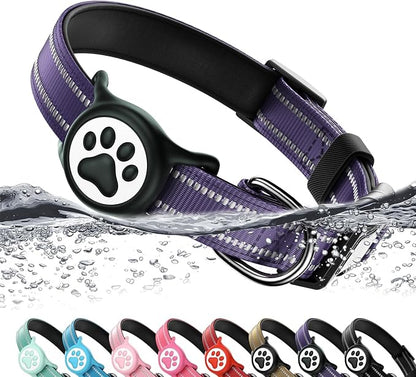 Airtag Dog Collar, Reflective Ultra-Durable Nylon Padded with QR Buckle & IP68 Waterproof Air Tag Holder Compatible for Apple AirTag, Comfortable for Small Medium Large Dogs (Purple, XS)