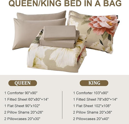 Dobuyly King Size Comforter Set 7 Piece Bed in a Bag, Pink Floral Printed on Khaki Comforter Set with Sheets, Soft Microfiber Botanical Farmhouse Bedding Set for All Season