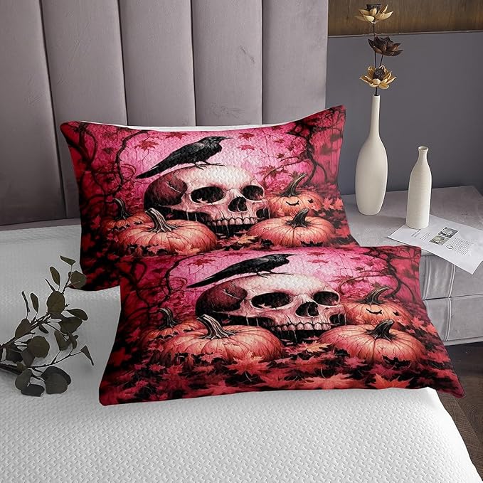 Happy Halloween Kid Bedspread Twin Size,Human Skeleton Skull Crow Maple Leaves Coverlet Set,Boys Girls Room Decor,Thanksgiving Day Pumpkin Quilted Coverlet,Gothic Pink Bedding Quilt,1 Pillowcase