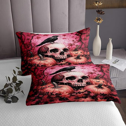 Happy Halloween Kid Bedspread Twin Size,Human Skeleton Skull Crow Maple Leaves Coverlet Set,Boys Girls Room Decor,Thanksgiving Day Pumpkin Quilted Coverlet,Gothic Pink Bedding Quilt,1 Pillowcase