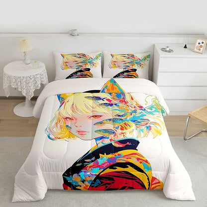 Japanese Anime Comforter Set 3D Cartoon Gifts Bedding for Girls Boys Kids Kawaii Room Decor, Anime Girl Design Bedding Comforter Sets Soft Lightweight Duvet Insert King with 2 Pillow Cases