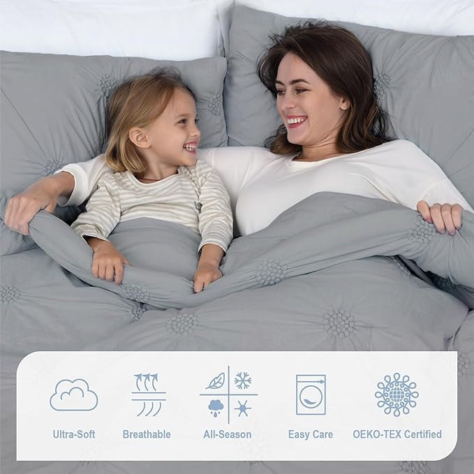 Swift Home Full/Queen Gray Comforter Set - Ruched 3D Floral Pintuck Bedding Set - 3 Pieces Bed Linen, 1 Comforter and 2 Pillow Shams
