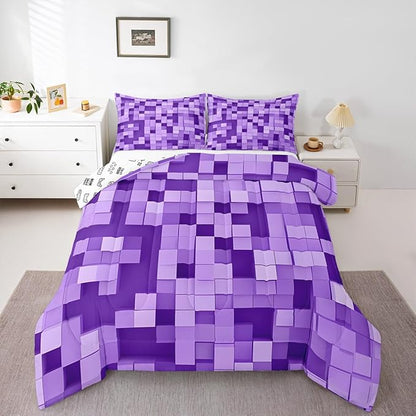 Pixel Grid Miners Kids Bedding Set King Size,Video Games Plaid Lattice Comforter Set,Geometric Check Quilt Comforter,Light Purple Bedroom Duvet Insert,2 Pillowcases