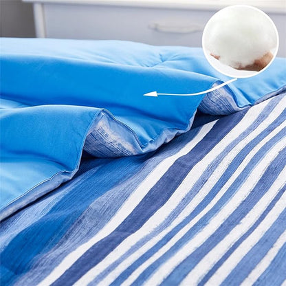 KAKIJUMN 7 Piece Bed in a Bag Stripe Comforter Set King Size, White and Blue Patchwork Striped Comforter and Sheet Set, All Season Soft Microfiber Complete Bedding Sets(Blue,King)