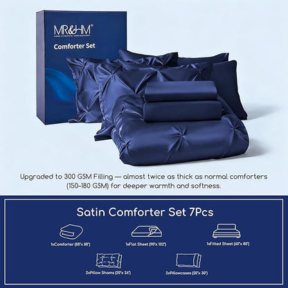 MR&HM Satin Comforter Queen 7 Pieces - Luxurious Pinch Pleat Bedding Set with Comforter, Flat Sheet, Fitted Sheet, Pillowcases & Shams, Super Silky Soft Bed Set for All Season (Queen, Navy Blue)