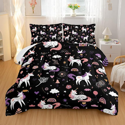 Unicorn 3 Piece Girl Bedding Set King Size,Black 3 Pieces Bedding Set for Girls Kids,Unicorn Comforter Set Girls Room Decor,Rainbow Clouds Star Quilt Set (1 Comforter 2 Pillowcase),All Seasons