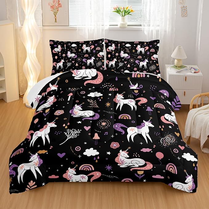Unicorn 3 Piece Girl Bedding Set King Size,Black 3 Pieces Bedding Set for Girls Kids,Unicorn Comforter Set Girls Room Decor,Rainbow Clouds Star Quilt Set (1 Comforter 2 Pillowcase),All Seasons