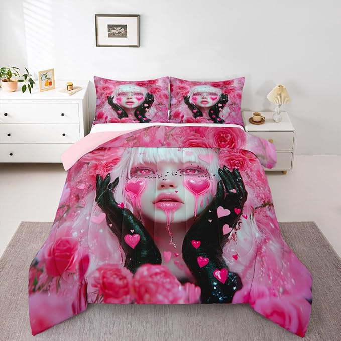 Erosebridal Pink Girl Comforter Set Twin Size Romance Rose Flowers Toddler Bedding Sets for Girls Anime Bedding Set, Modern Fashion Lady Art Duvet Insert Love Hearts Quilt with 1 Pillowcase