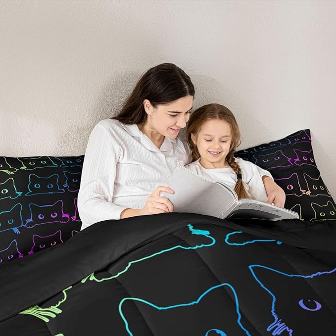 Erosebridal Cute Cats Bedding Set Queen Kawaii Cat Pet Comforter Colorful Neon Ombre Animal Line Down Lovely Lovers Room Decor Lightweight Duvet For Teens Children Boy Girl,Multi 362