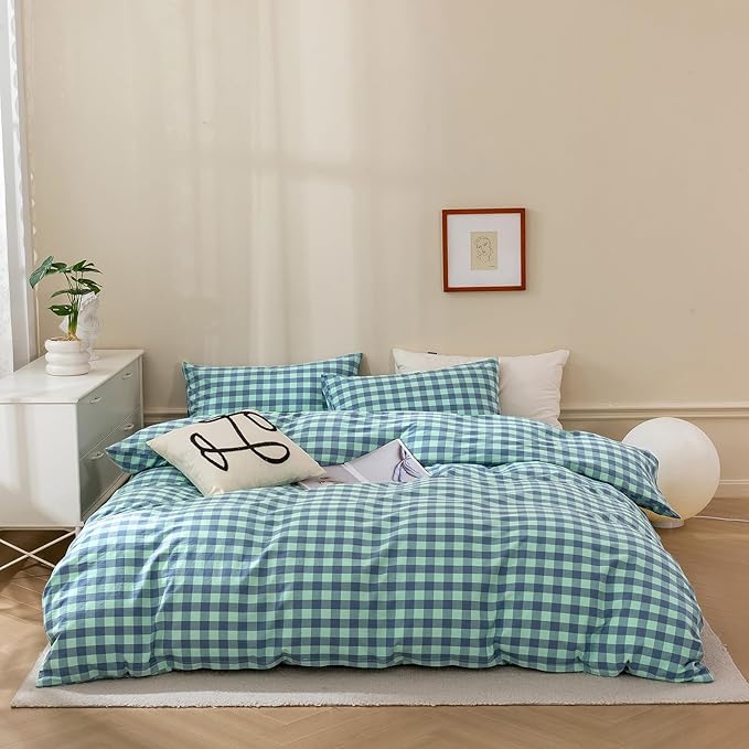 VM VOUGEMARKET Green Gingham Comforter Set Twin XL,Plaid Comforter with 2 Pillowcases for All Seasons,3 Pcs Modern Simple Grid Bedding Set for Teens Boys
