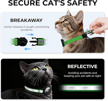 Breakaway AirTag Cat Collar, Reflective Cat Tracker Collar with Bell | Built in AirTag Holder, Adjustable 8.5-12in for Cats, Kittens and Puppies, Safety Elastic Band, Reflective for Night Walking