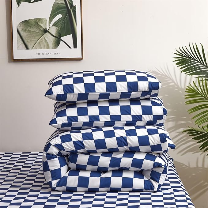 Houseri Royal Blue White Plaid Comforter Set Twin Size Boys Girls Bright Blue Grid Bedding Comforters Kids Deep Ocean Blue Checkerboard Bedding Sets Twin Dark Blue Checkered Gingham Comforter Set Twin