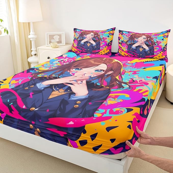 Erosebridal Anime Girl Queen Bed Sheets, Japanese Anime Bedding Set 3 Piece for Kids Girls Teens Adult Bedroom Decor, Cartoon Girl Fitted Sheet Kawaii Japanese Animation Sheets