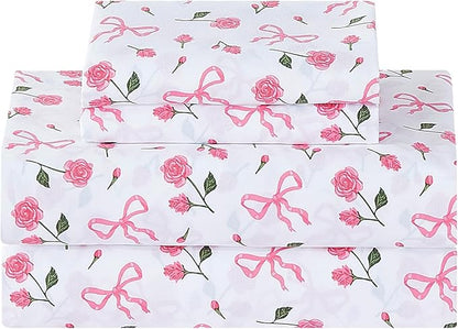 Softan Pink Floral Queen Bed Sheets, Cozy Microfiber Flower Printed Sheets with 15" Deep Pocket Fitted Sheet & Non-Slip Straps, Patterned Pink Rose - Bow Sheets & Pillowcase Set
