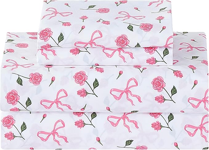 Softan Pink Floral King Bed Sheets, Cozy Microfiber Flower Printed Sheets with 15" Deep Pocket Fitted Sheet & Non-Slip Straps, Patterned Pink Rose - Bow Sheets & Pillowcase Set
