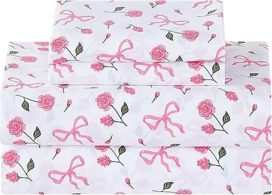 Softan Pink Floral King Bed Sheets, Cozy Microfiber Flower Printed Sheets with 15" Deep Pocket Fitted Sheet & Non-Slip Straps, Patterned Pink Rose - Bow Sheets & Pillowcase Set
