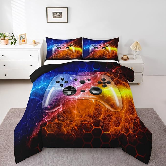 Erosebridal Boys King Size Bedding Set for Teen Boy Game Comforter,Kids Chid Honeycomb Games Bedding with Gamepad Room Decor,Gamer Gaming for Mens Lighting Viedo Game Quilt with 3 Pcs
