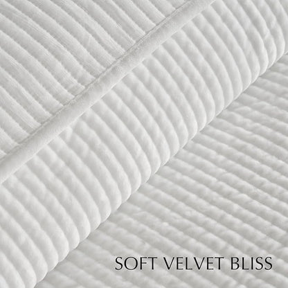 EVERGRACE Velvet Quilt Set Queen Size, Luxurious Soft Quilted Bedding Sets, Lightweight Velvet Comforter for All Season, Striped Channel Bedspread Coverlet with 2 Shams, Bright White