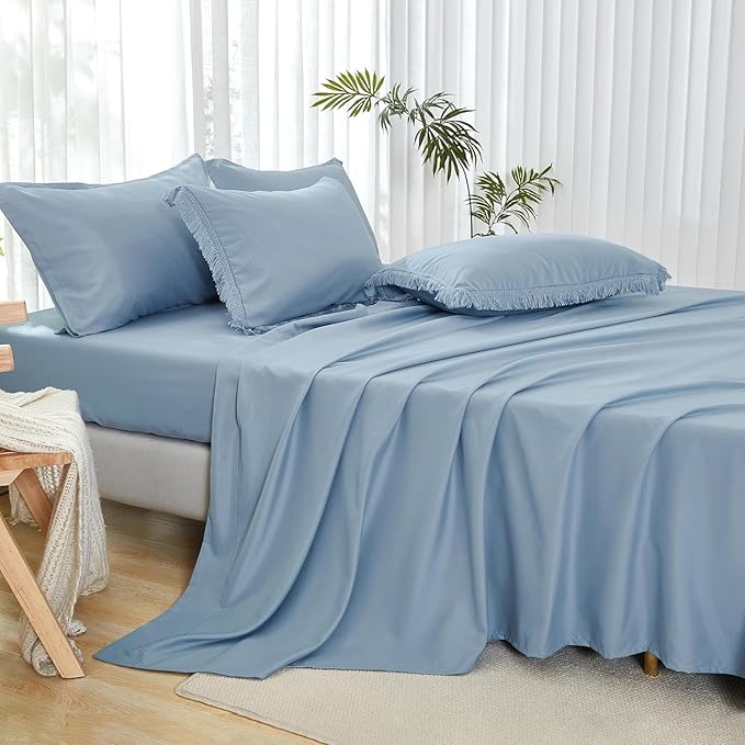 Andency Oversized King Comforter Set Grayish Blue 120x98-7 Pieces Boho Tassel Bed in a Bag Soft Lightweight Bedding Sets, Fringe All Season Bed Set with Comforter, Sheets, Pillowcases & Shams