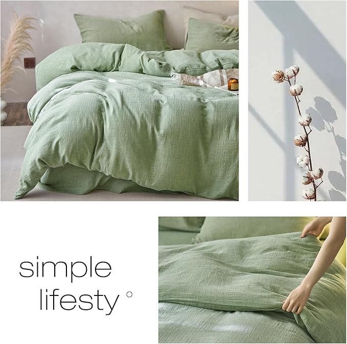 VM VOUGEMARKET Green Duvet Cover Queen Size-Ultra-Soft, Breathable & Lightweight Muslin Cotton Linen Like Gauze Textured Comforter Cover with Zipper Closure Minimalist Bedding Set- 90"x90",Mint Green